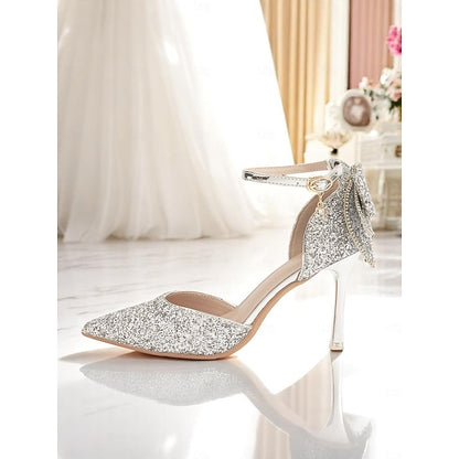 Pointed Sparkly Heels - Bow Toe Women's Silver Glitter