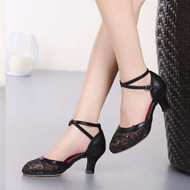 – Low Shoes Heel Mesh Dance Lace Silver Women's Latin
