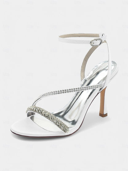 Champagne Satin Sophisticated Strappy Rhinestone Heels –