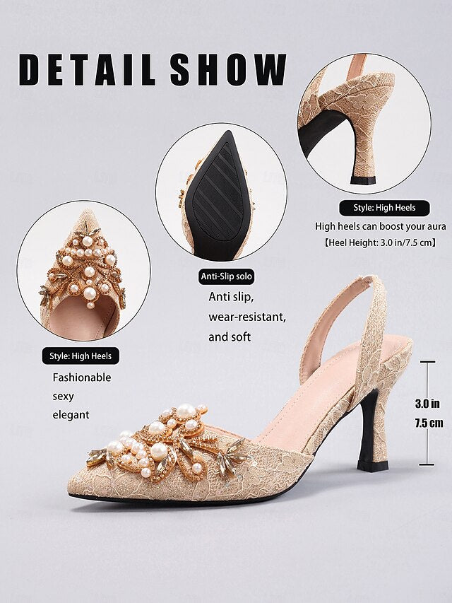 Black with Women's - Slingback Heels Detailing Pearl Satin