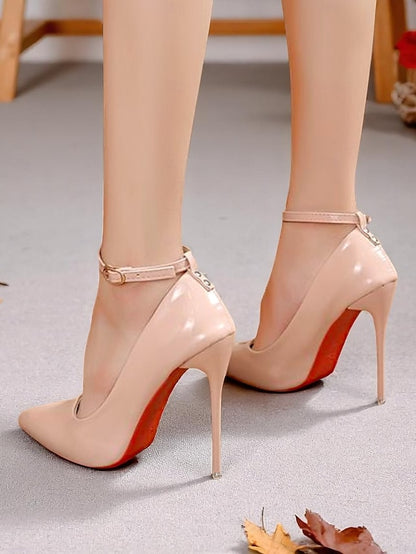 Heels Leather Patent Women's Ankle Stiletto with Black