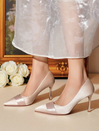 - High Women's Pumps Pointed Heel Satin Toe Champagne