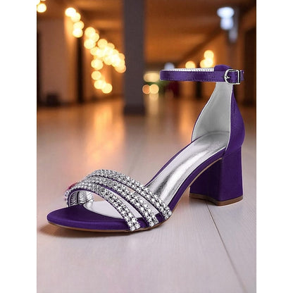 Sandals Rhinestone Women's Satin Purple Heel with Block