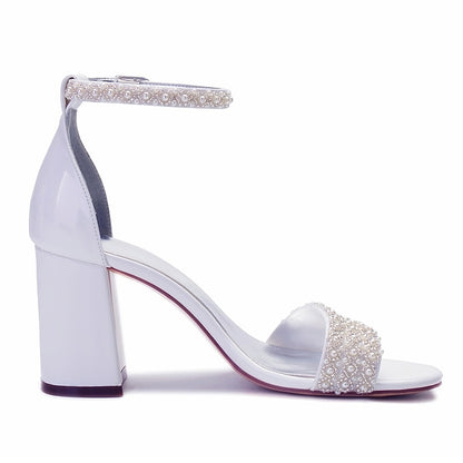 Block Pearl Strap Ivory Embellished Ankle White Women's
