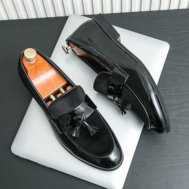 Velvet Men's Leather Patent Faux – Loafers Tassel Black
