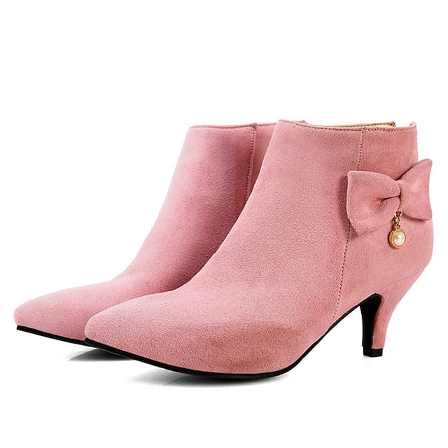 and Suede Boots Pink Pearl Charm Ankle with Women's Bow