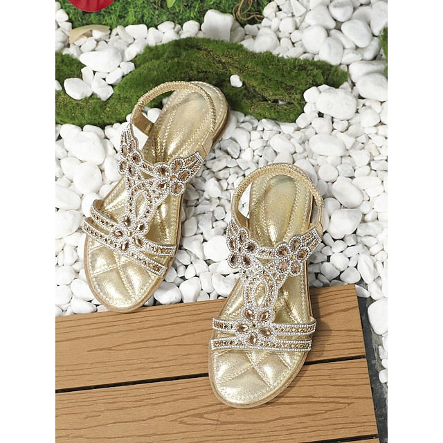 T-Strap Rhinestone Sandals Boho – Flat Women's Silver