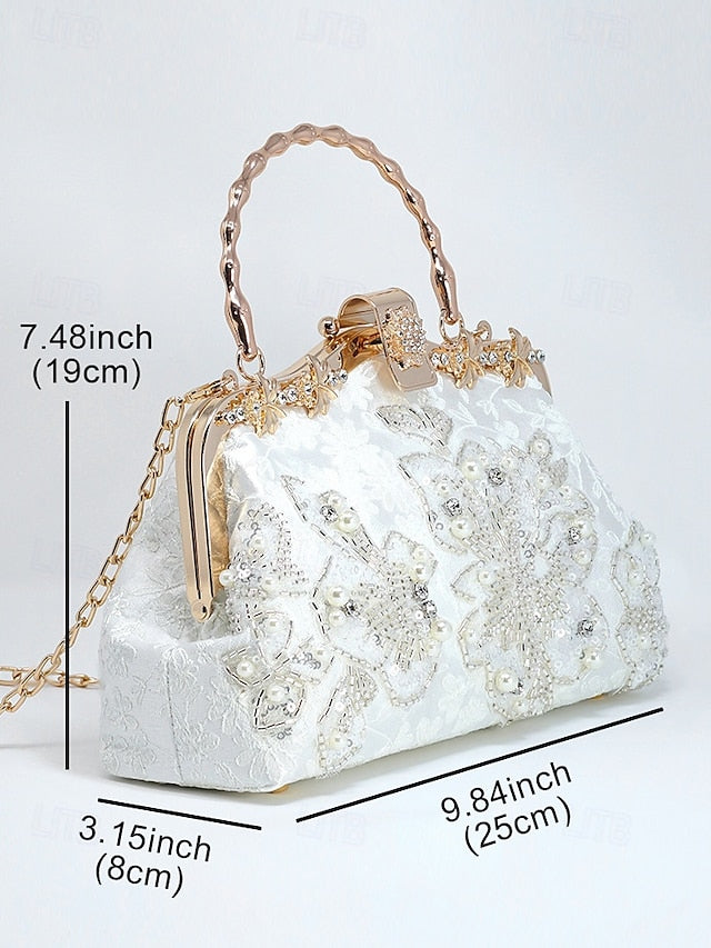 Evening White and Elegant Floral with Pearl Handbag Lace