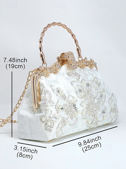 Evening White and Elegant Floral with Pearl Handbag Lace