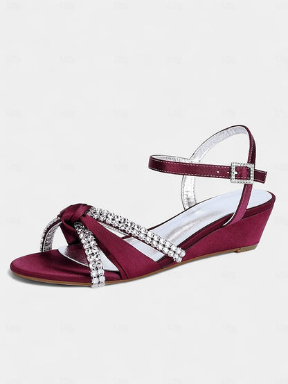 Satin Rhinestone Green - Women's Knot Wedge Sandals