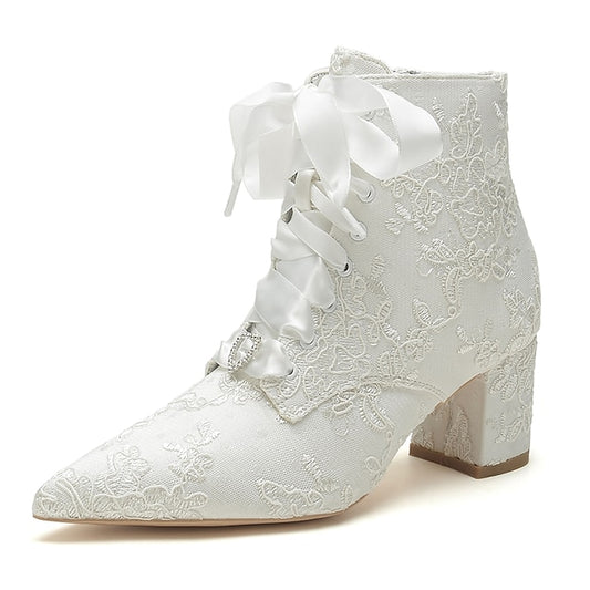 Booties – Embroidered Floral Women's White Lace-Up Bridal