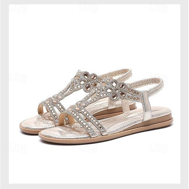 T-Strap Rhinestone Sandals Boho – Flat Women's Silver
