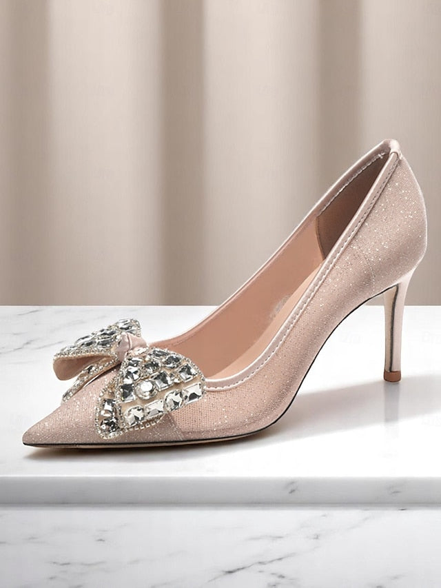 Rhinestone Glitter Heels Women's High with Bow