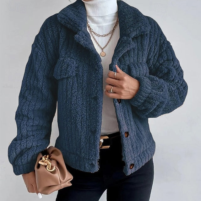 Casual Warm Teddy Plain Coat Women's Buttons Comfortable