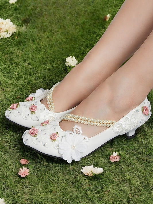 for Shoes Low Strap Heel Bridal White Floral Pearl Embellished