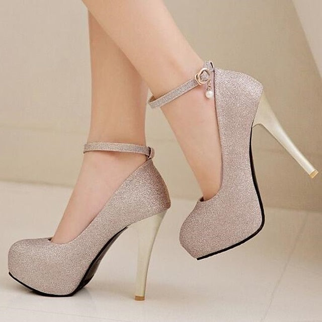 Platform Stiletto with Glitter Silver Heels Women's Ankle