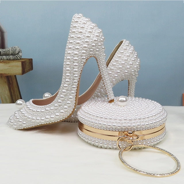 Purse Heels and White Round Stiletto Pearl Set Pearl-Embellished