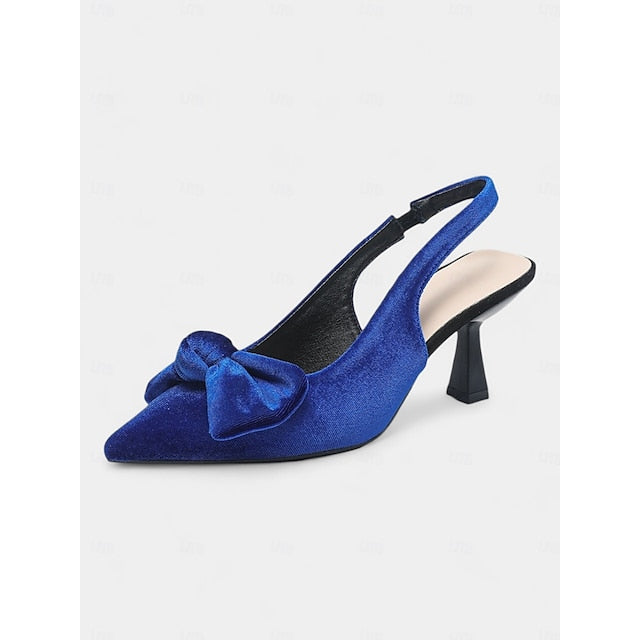 with Toe Blue Women's Velvet Heels Pointed Slingback Bow