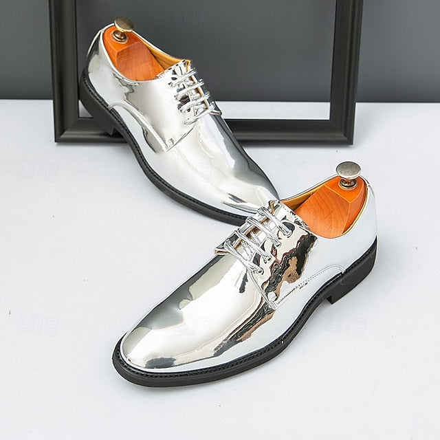 for – Patent Gold Shiny Shoes Leather Men Sleek Lace-Up