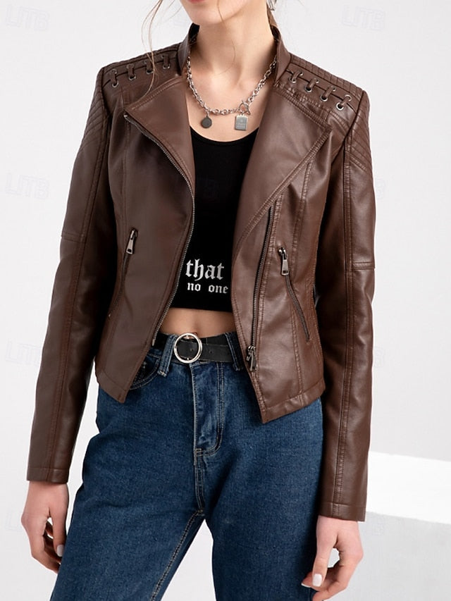 Leather Jacket Women's Zipper Faux Comfortable Pocket