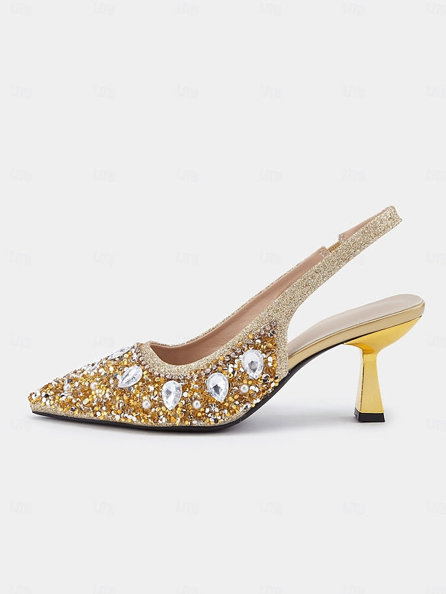 Slingback with Heels Rhinestone Gold Women's Pearl