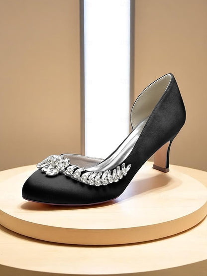 Toe Silver Heels Round Satin Kitten Women's Low - Heel