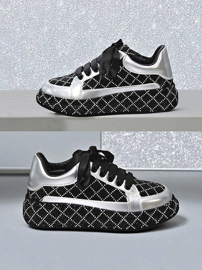 Quilted Women's Sneakers - Black Rhinestone Silver and