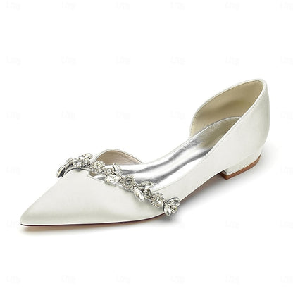 and Crystal with Satin Shoes White Toe Pointed Flat Wedding