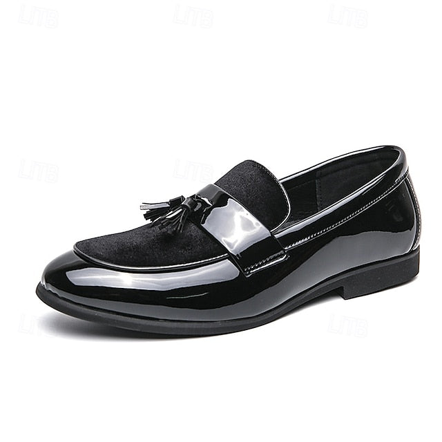 Velvet Men's Leather Patent Faux – Loafers Tassel Black