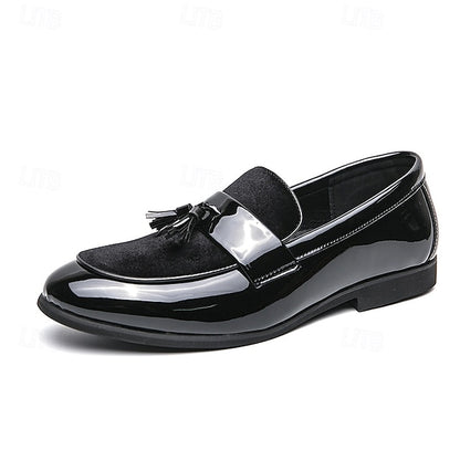 Velvet Men's Leather Patent Faux – Loafers Tassel Black