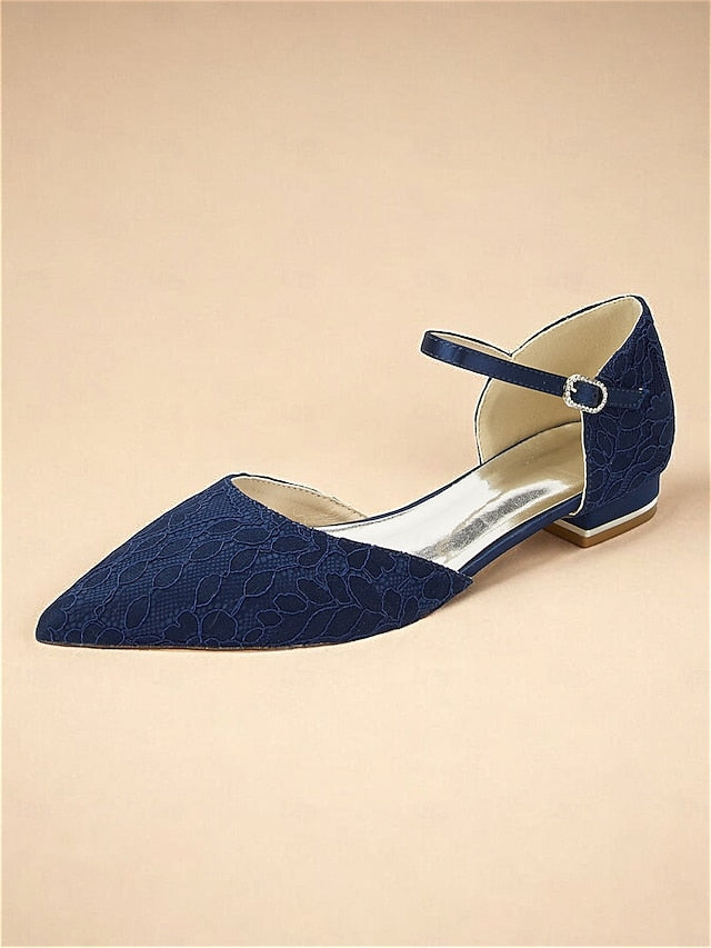 Pointed Flats with Blue Lace Women's Navy and Ankle Strap