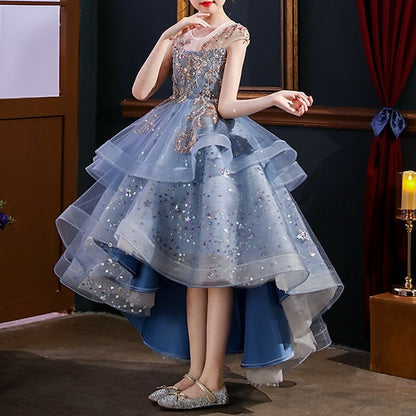 Sleeve Kids Sequin Short Party Performance Girls' Dress