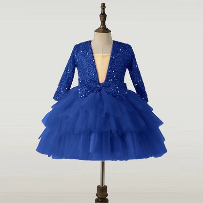 Performance Sleeve Long Sequin Kids Dress Party Girls'