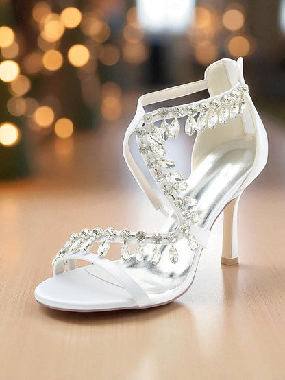 Strappy Heel Sandals Rhinestone High with Women's White