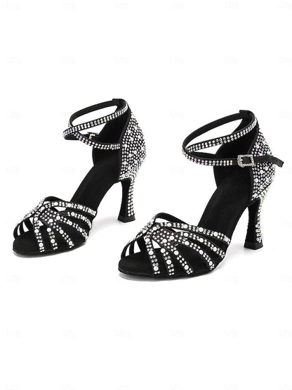 Rhinestone-Embellished Latin Tan High Sandals Dance with Heel