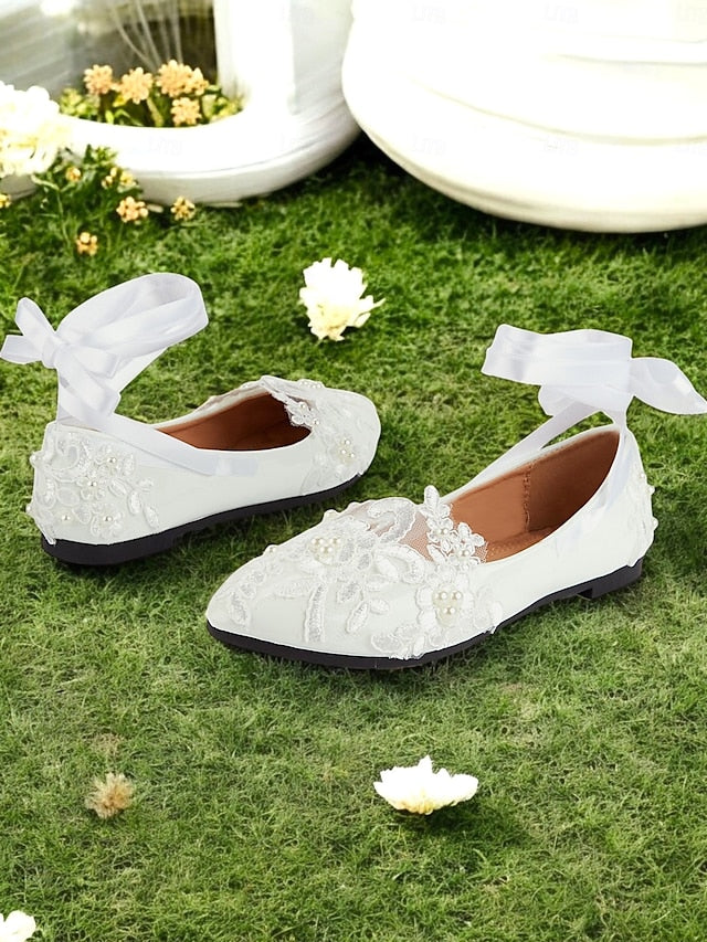 Flats Shoes Elegant Bridal with Lace - White Ties Ribbon Wedding
