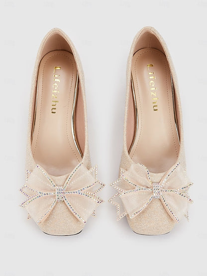 Heel Bow - Decoration Pumps with Women's Gold Glitter Block