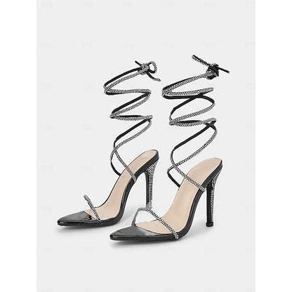 Rhinestone Stiletto Black Sandals Women's Lace-Up Sexy –