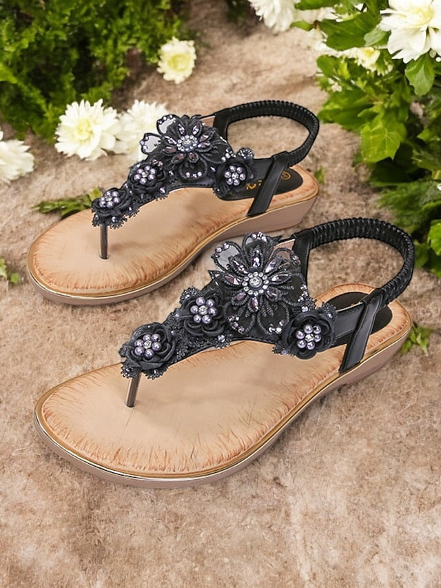 T-Strap Lace Pink Women's Sandals Floral Embellished –