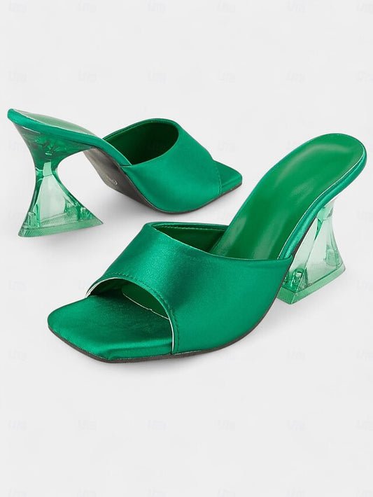 Transparent Block Mules Heels Open-Toe for Green with Satin