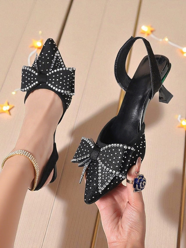- Pointed Bow Heels Slingback Sparkly Women's Rhinestone