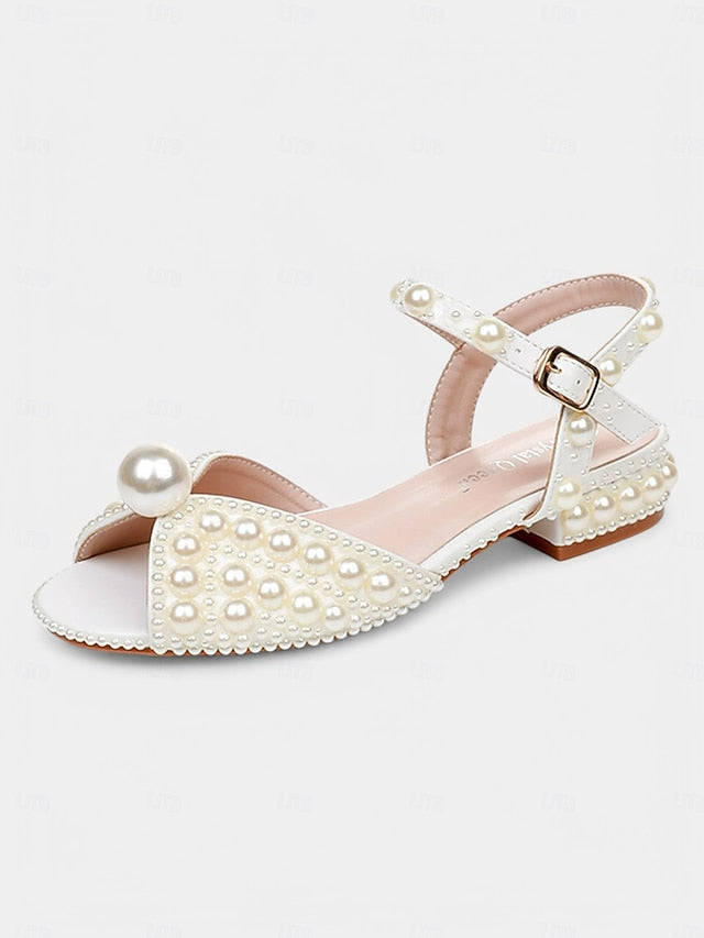 Pearl-Embellished Women's Sandals Low Heel – White