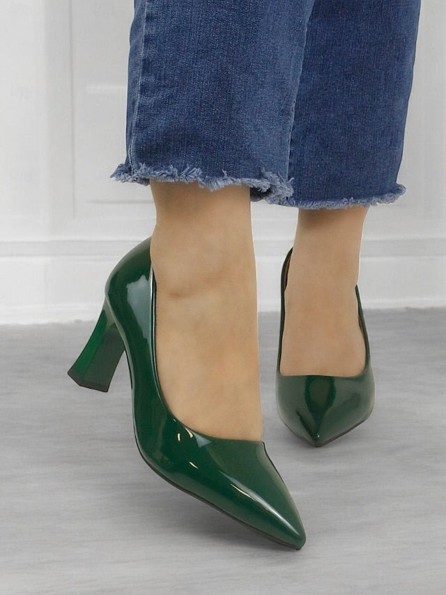 Leather Block Heel Glossy Pointed-Toe Pumps Green Patent Faux