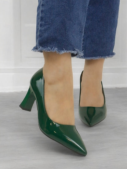 Leather Block Heel Glossy Pointed-Toe Pumps Green Patent Faux