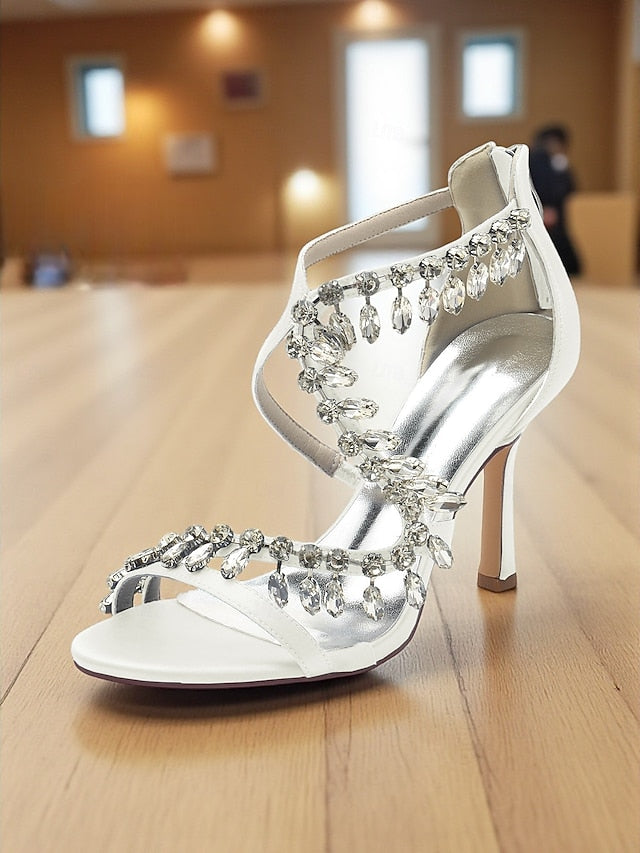 with Women's Strappy Heel White Sandals Rhinestone High