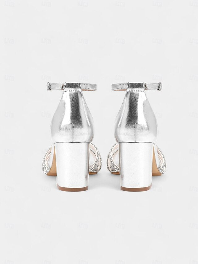 Silver Rhinestone Sandals Heel with Block Metallic Strappy