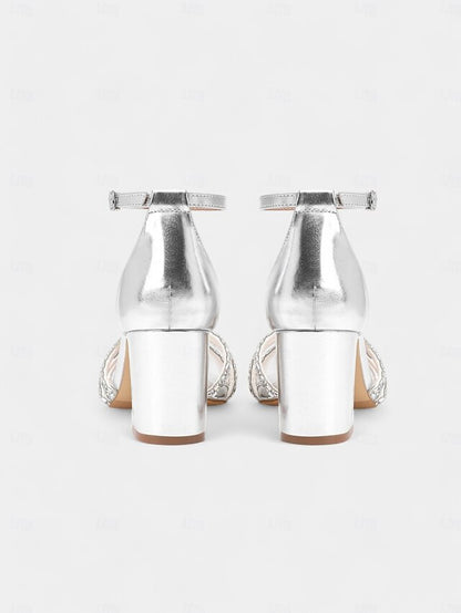 Silver Rhinestone Sandals Heel with Block Metallic Strappy