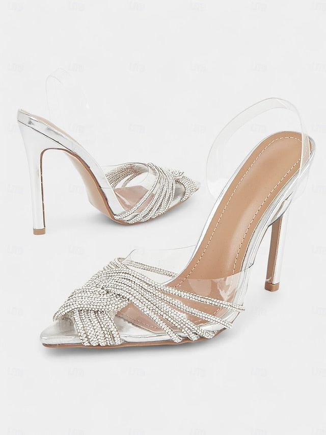 – with Sandals Stiletto Rhinestone Silver Transparent Straps