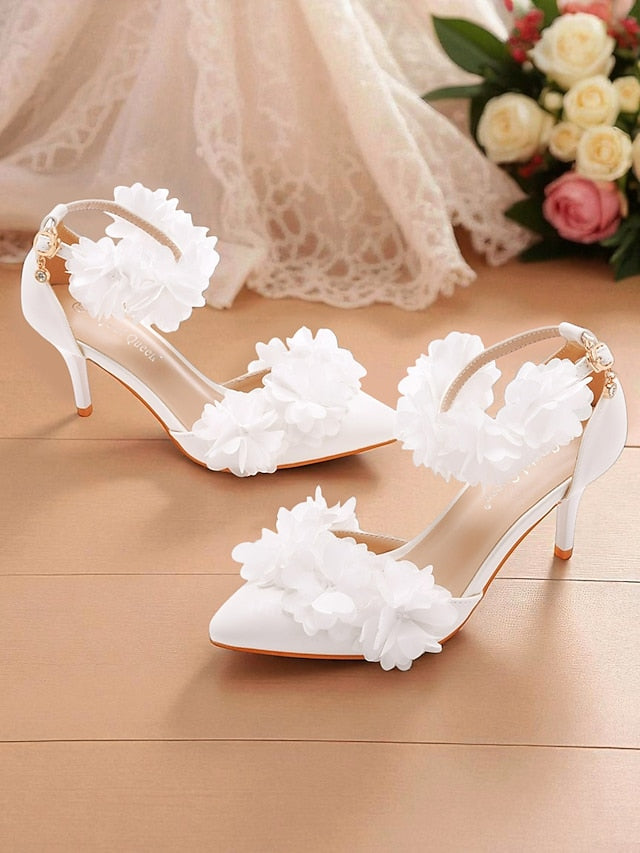 - Strap Elegant Women's White Pointed Ankle Floral Heels