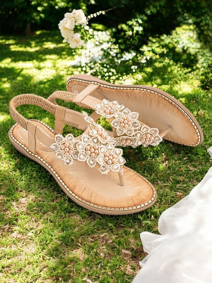 Comfortable Beaded with Flat Floral Design Slip-Ons